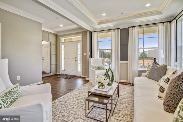 living room featuring ornamental molding, plenty of natural light, and dark wood-type flooring