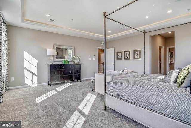 carpeted bedroom featuring a tray ceiling