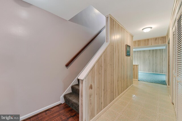 stairs featuring wooden walls