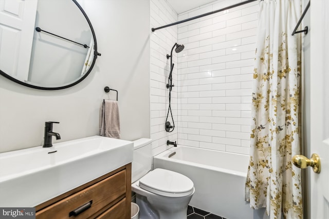 full bathroom featuring vanity, shower / bath combination with curtain, and toilet