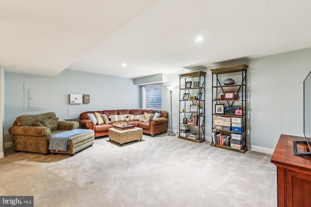 living room featuring light carpet