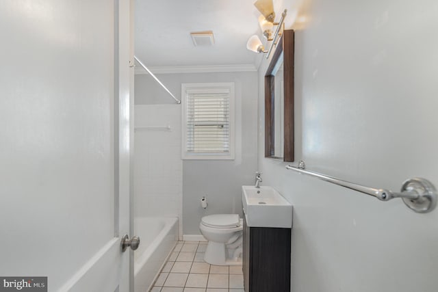 full bathroom with toilet, vanity, tile patterned flooring, tiled shower / bath, and ornamental molding