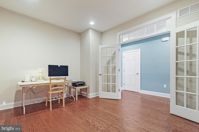 home office featuring french doors and dark hardwood / wood-style floors