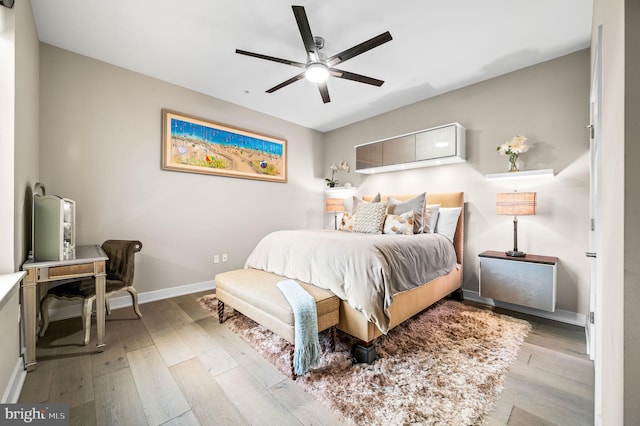 bedroom featuring ceiling fan and light wood-type flooring