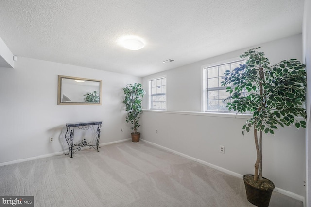 empty room with a textured ceiling, light colored carpet, visible vents, and baseboards