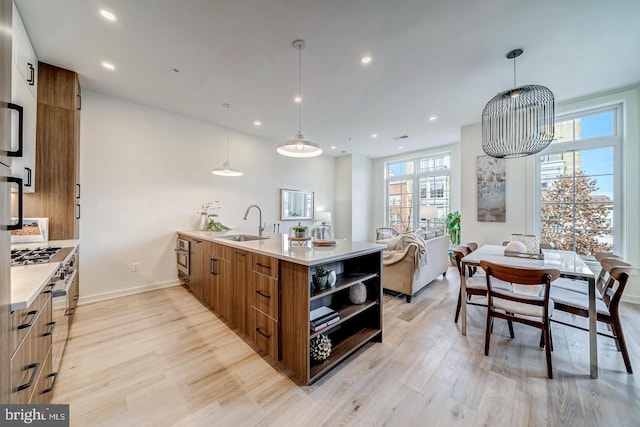 kitchen with sink, pendant lighting, light hardwood / wood-style floors, and a wealth of natural light