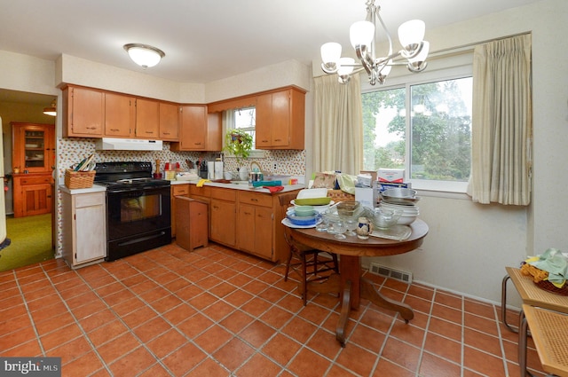 kitchen with black electric range oven, a chandelier, hanging light fixtures, sink, and tasteful backsplash