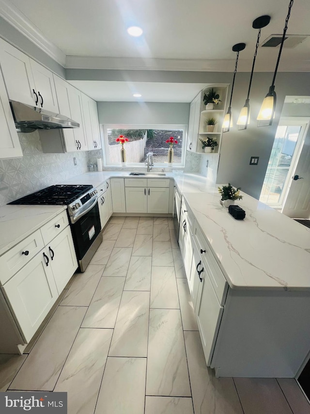 kitchen with appliances with stainless steel finishes, pendant lighting, light stone counters, decorative backsplash, and white cabinetry