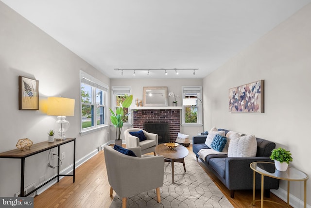 living room with a fireplace and light wood-type flooring