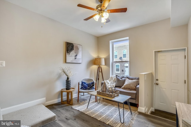 living area featuring ceiling fan and wood-type flooring