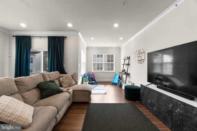 living room with dark hardwood / wood-style flooring and ornamental molding