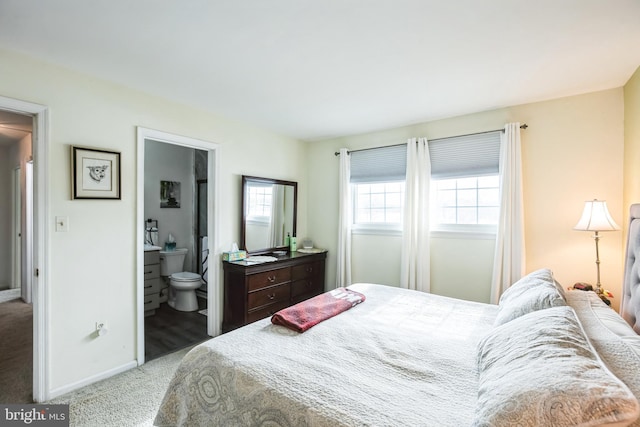 bedroom with connected bathroom and carpet floors