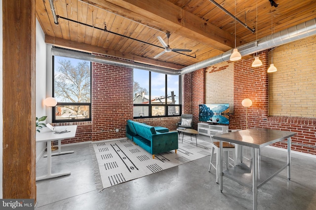 interior space with wooden ceiling and ceiling fan