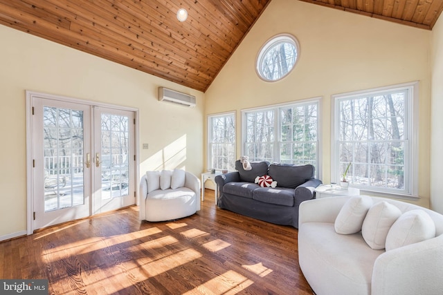 sunroom with wooden ceiling, french doors, lofted ceiling, and a wall mounted AC