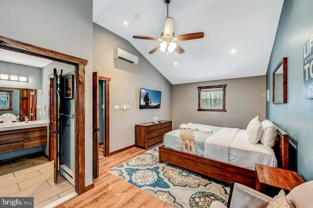 bedroom with ceiling fan, vaulted ceiling, light wood-type flooring, and a wall mounted air conditioner