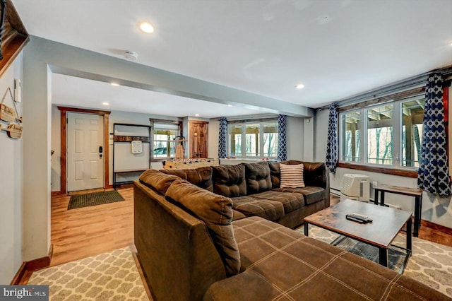 living room with light hardwood / wood-style flooring