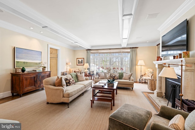 living room with a high end fireplace, beam ceiling, crown molding, and light hardwood / wood-style flooring