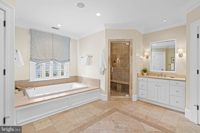 bathroom featuring vanity, ornamental molding, and plus walk in shower