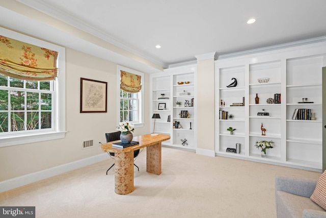 carpeted office space featuring ornamental molding and built in features