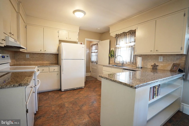 kitchen with sink, white appliances, stone counters, white cabinets, and kitchen peninsula