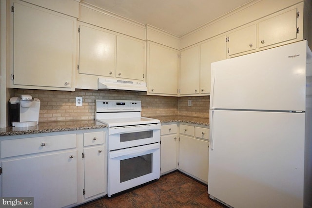 kitchen with white cabinetry, backsplash, white appliances, and light stone countertops