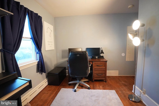 office area featuring baseboard heating and dark hardwood / wood-style flooring