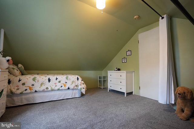 unfurnished bedroom featuring vaulted ceiling and carpet