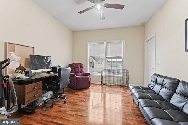 office space with hardwood / wood-style flooring and ceiling fan