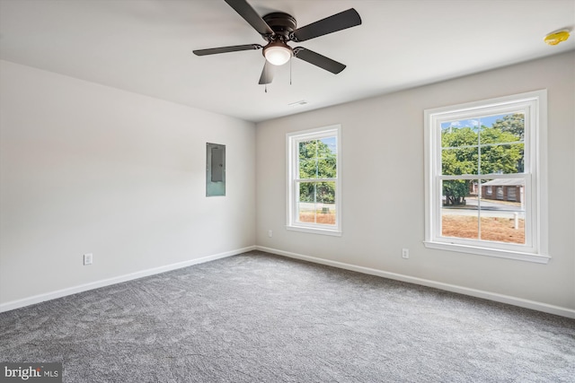 empty room with electric panel, ceiling fan, and carpet