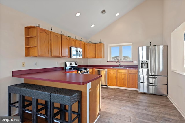 kitchen with appliances with stainless steel finishes, a kitchen breakfast bar, high vaulted ceiling, and sink