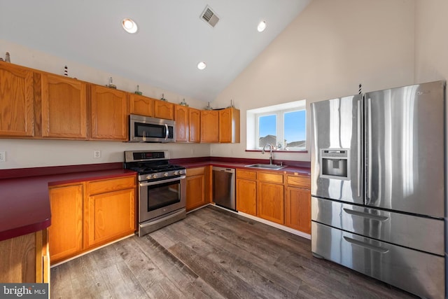 kitchen featuring appliances with stainless steel finishes, dark hardwood / wood-style flooring, high vaulted ceiling, and sink