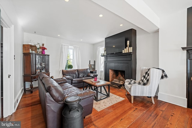 living room featuring a large fireplace and wood-type flooring