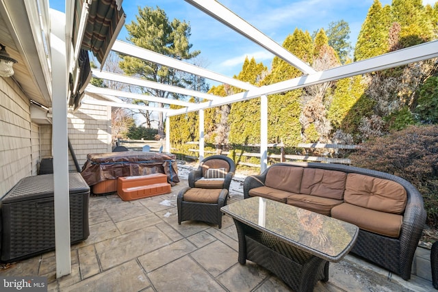 view of patio featuring a pergola, a hot tub, and outdoor lounge area