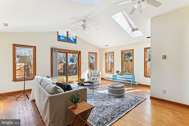 living room featuring a healthy amount of sunlight, lofted ceiling with skylight, and light wood-type flooring