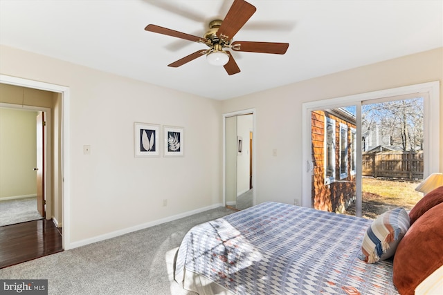 bedroom featuring ceiling fan, access to exterior, and carpet