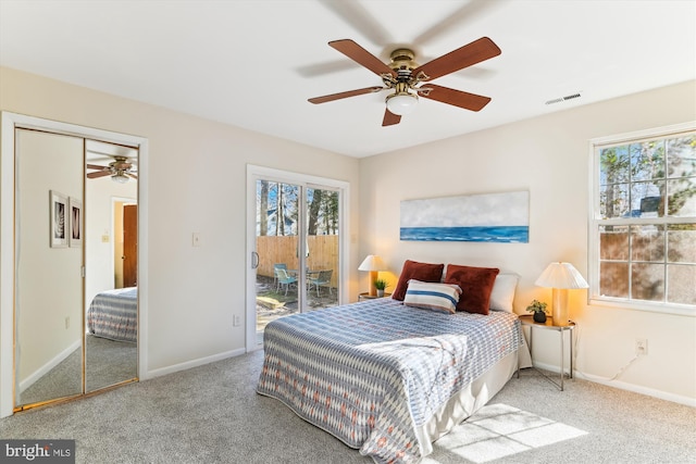 carpeted bedroom with access to outside and ceiling fan