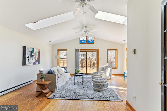 living room featuring hardwood / wood-style flooring, a baseboard radiator, vaulted ceiling with skylight, and ceiling fan