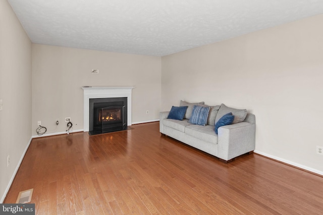 living room featuring wood-type flooring and a textured ceiling