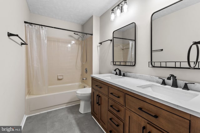 full bathroom featuring vanity, shower / tub combo, a textured ceiling, and toilet