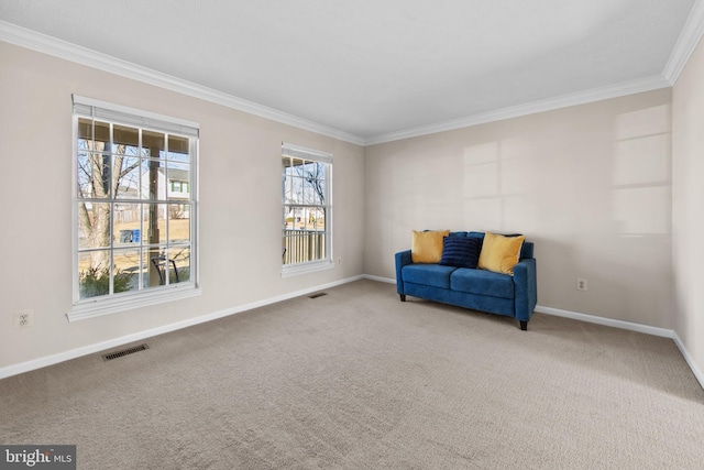 living area with ornamental molding and carpet flooring