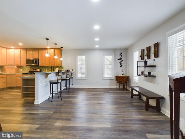 kitchen featuring stainless steel appliances, backsplash, dark hardwood / wood-style floors, a kitchen breakfast bar, and pendant lighting