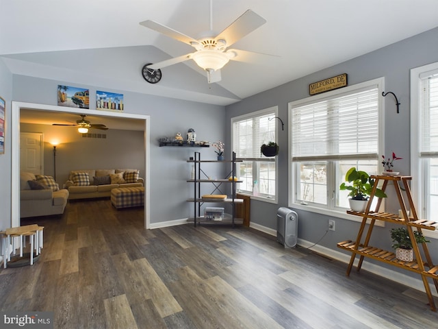 misc room featuring ceiling fan, dark hardwood / wood-style flooring, and lofted ceiling