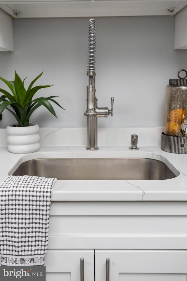 details featuring white cabinets and sink