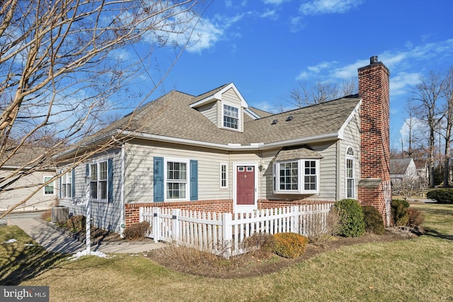 cape cod-style house with a front yard and cooling unit