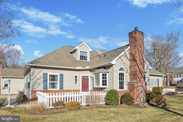 cape cod-style house with a front yard and central air condition unit