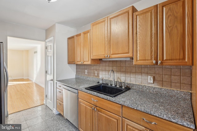 kitchen featuring sink, decorative backsplash, dark stone counters, and appliances with stainless steel finishes