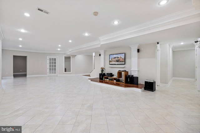 interior space with light tile patterned floors and crown molding