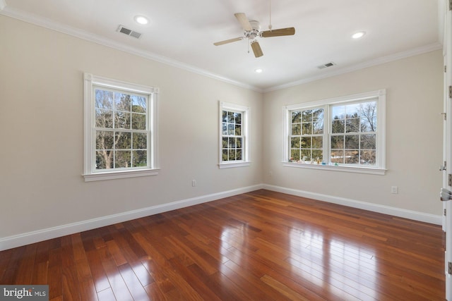 unfurnished room with ornamental molding, ceiling fan, and dark hardwood / wood-style flooring