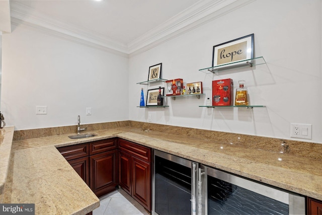 kitchen with ornamental molding, sink, wine cooler, and light stone counters