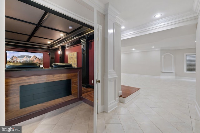 interior space featuring ornamental molding and light tile patterned floors